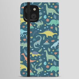 Kawaii Dinosaurs in Teal + Coral + Yellow iPhone Wallet Case
