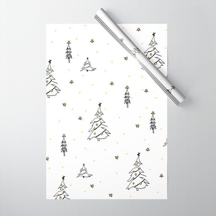 Modern Christmas Trees Sketch Black and White with Gold Stars Wrapping Paper  by Michelle Sheppard