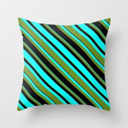 [ Thumbnail: Green, Black, and Aqua Colored Lined Pattern Throw Pillow ]