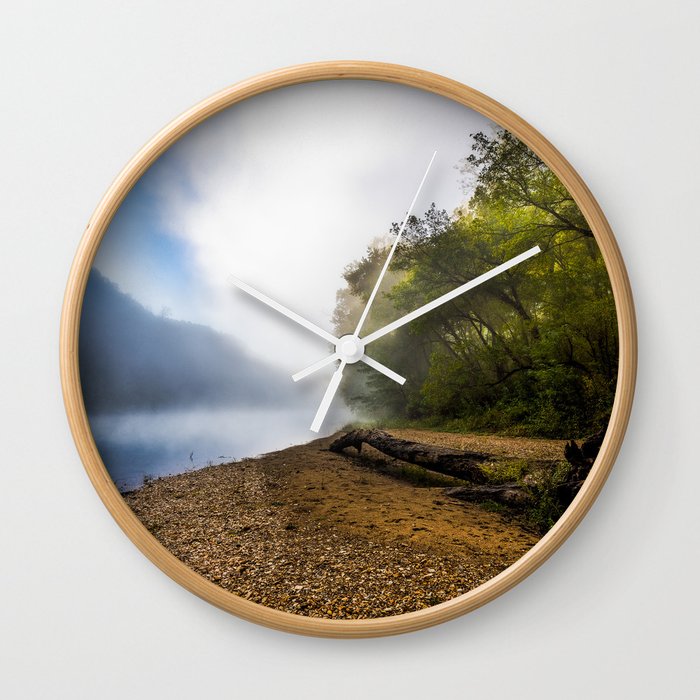 The Banks of the Buffalo River - Fallen Tree on Foggy Morning in Ozark Mountains in Arkansas Wall Clock