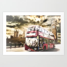 London bus and the houses of parliament  Art Print