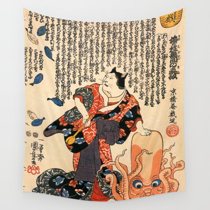 A Cat dressed as a Woman tapping the Head of an Octopus by Utagawa Kuniyoshi Wall Tapestry