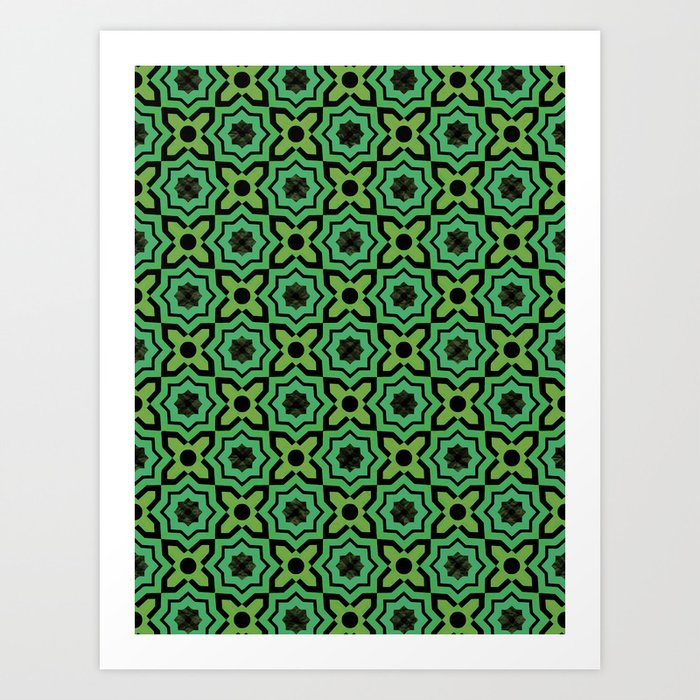 Andalusian Boho Green Traditional Moroccan Tiles Seamless Pattern  Art Print