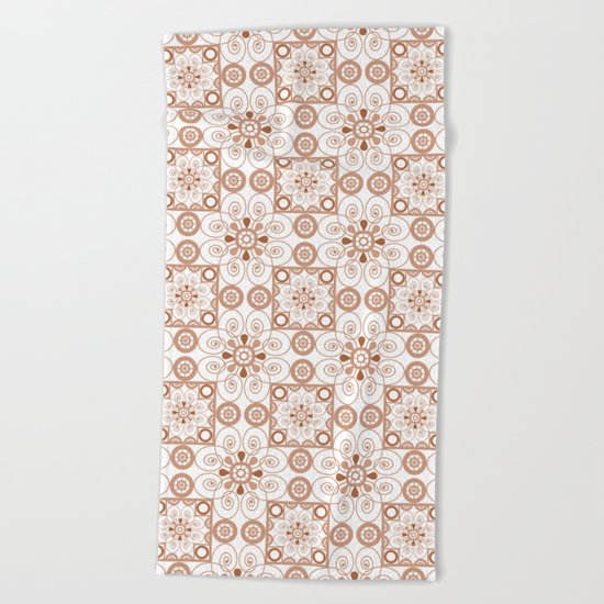 Beige white ornament . Beach Towel