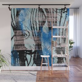 Blue Watercolor Drawing with Black Pattern: Scribble Series 04 Wall Mural