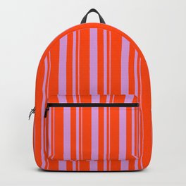 [ Thumbnail: Plum and Red Colored Lined/Striped Pattern Backpack ]