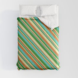 [ Thumbnail: Pale Goldenrod, Chocolate, Turquoise & Forest Green Colored Lines Pattern Comforter ]