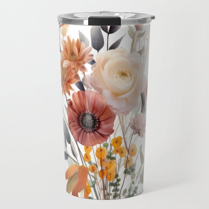 Boho Floral Botanical Print with Shades of Rose, Peach, Yellow, Beige White and Blue Travel Mug