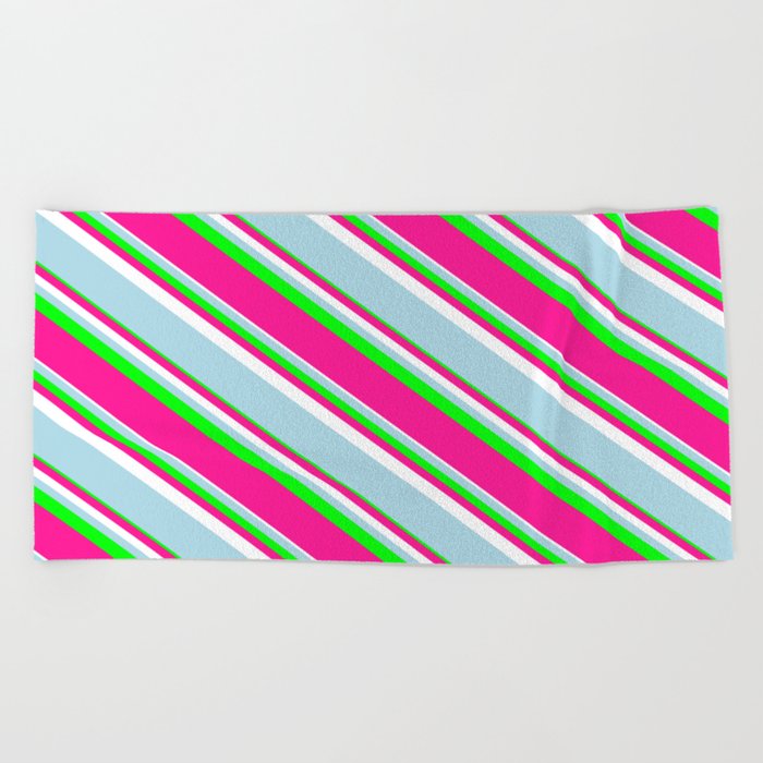 Lime, Deep Pink, White & Light Blue Colored Pattern of Stripes Beach Towel