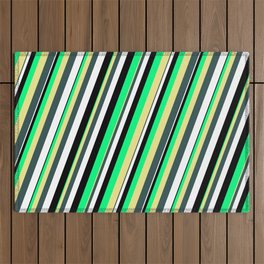 [ Thumbnail: Vibrant Green, Tan, Dark Slate Gray, White, and Black Colored Striped/Lined Pattern Outdoor Rug ]