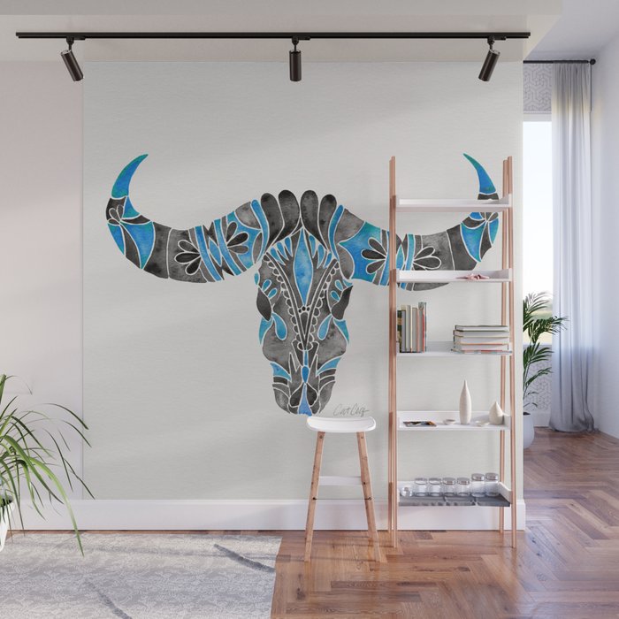 Water Buffalo Skull – Black & Blue Wall Mural