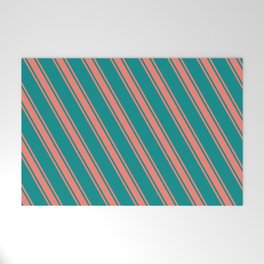 [ Thumbnail: Dark Cyan & Salmon Colored Stripes Pattern Welcome Mat ]