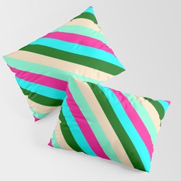 [ Thumbnail: Colorful Deep Pink, Cyan, Dark Green, Bisque, and Aquamarine Colored Striped/Lined Pattern Pillow Sham ]