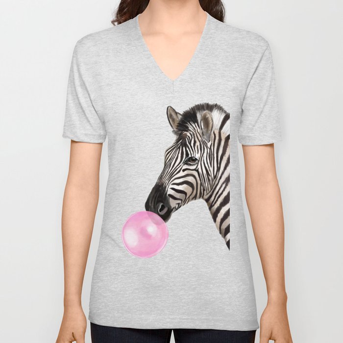 Zebra  Playing Bubble Gum V Neck T Shirt