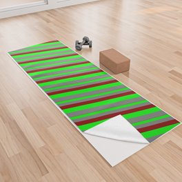 [ Thumbnail: Dark Red, Lime, and Gray Colored Stripes Pattern Yoga Towel ]