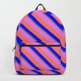 [ Thumbnail: Colorful Blue, Light Slate Gray, Violet, Salmon, and Maroon Colored Lines Pattern Backpack ]