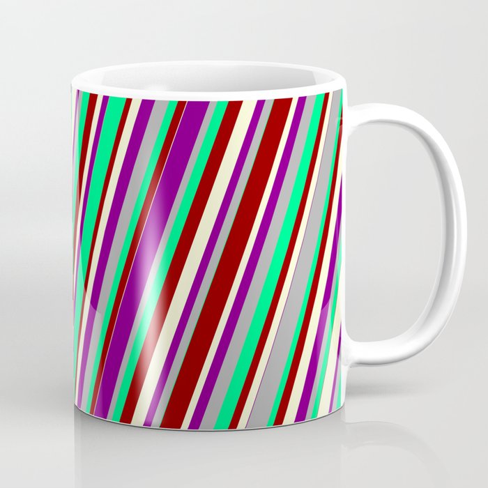 Colorful Dark Gray, Green, Dark Red, Light Yellow, and Purple Colored Lined/Striped Pattern Coffee Mug