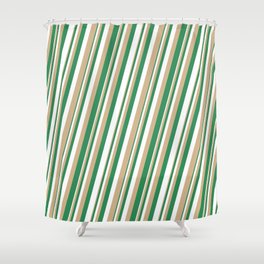 [ Thumbnail: Tan, Sea Green, and White Colored Lined Pattern Shower Curtain ]