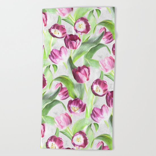 Bright Tulips on Soft Grey Beach Towel