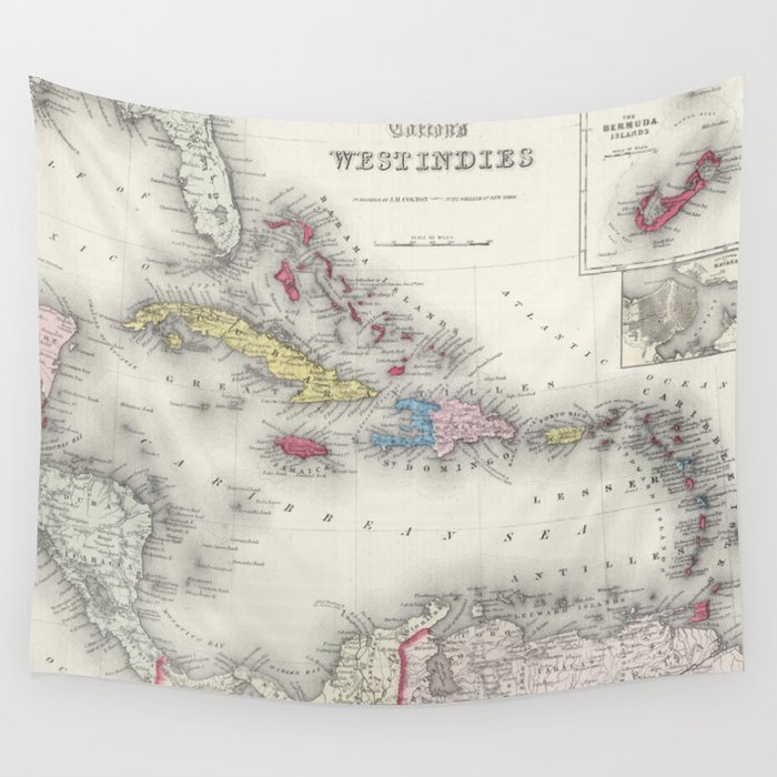 Vintage Map of The Caribbean (1865) Wall Tapestry by BravuraMedia 