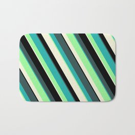 [ Thumbnail: Colorful Dark Slate Gray, Light Sea Green, Green, Beige, and Black Colored Stripes Pattern Bath Mat ]