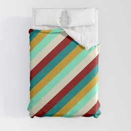 [ Thumbnail: Eye-catching Dark Cyan, Goldenrod, Aquamarine, Beige, and Dark Red Colored Lined Pattern Duvet Cover ]