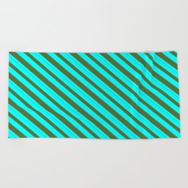 [ Thumbnail: Cyan and Dark Olive Green Colored Pattern of Stripes Beach Towel ]