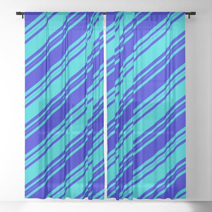 Blue & Dark Turquoise Colored Stripes/Lines Pattern Sheer Curtain