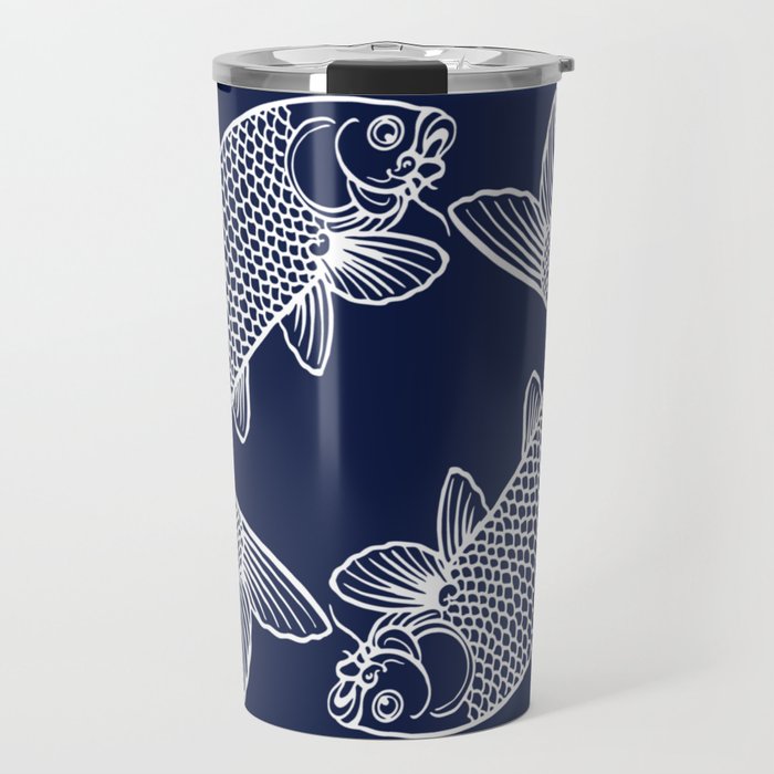 Navy Blue Feng Shui Yin Yang Harmony Koi Minimalist Line Drawing Travel Mug