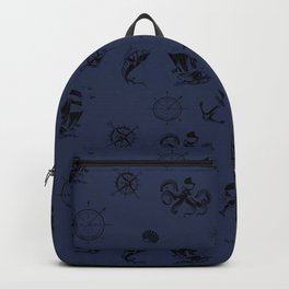 Navy Blue And Black Silhouettes Of Vintage Nautical Pattern Backpack