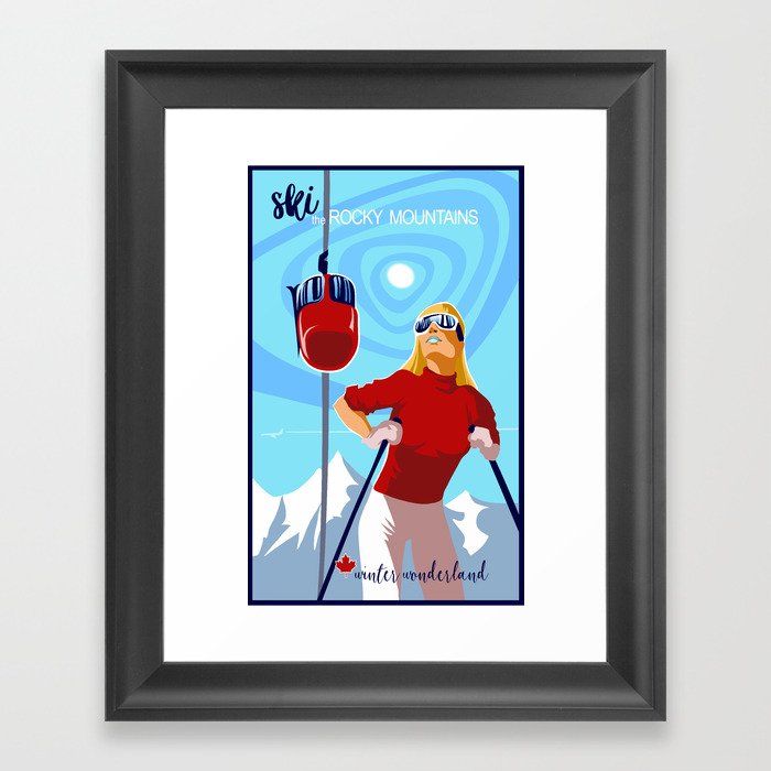 Retro ski Rocky Mountain poster Framed Art Print
