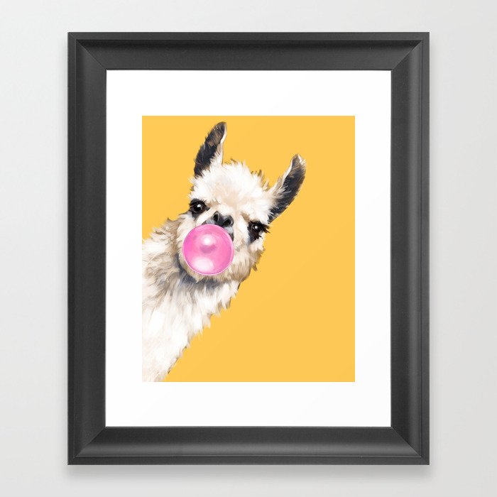 Bubble Gum Sneaky Llama in Yellow Framed Art Print