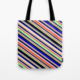 [ Thumbnail: Eye-catching Blue, Bisque, Red, Green, and Black Colored Lines/Stripes Pattern Tote Bag ]