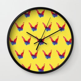 Abstract red and blue butterfly pattern with yellow background Wall Clock