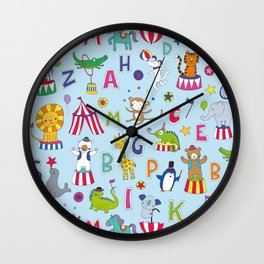 Circus Animal Alphabet - multi on pale blue Wall Clock | Alphabet, Cute, Iguana, Elephant, Pattern, Monkey, Animal, Giraffe, Circusanimals, Drawing 
