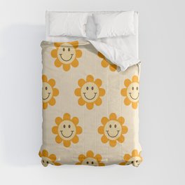70s Retro Smiley Floral Face Pattern in yellow and beige Comforter