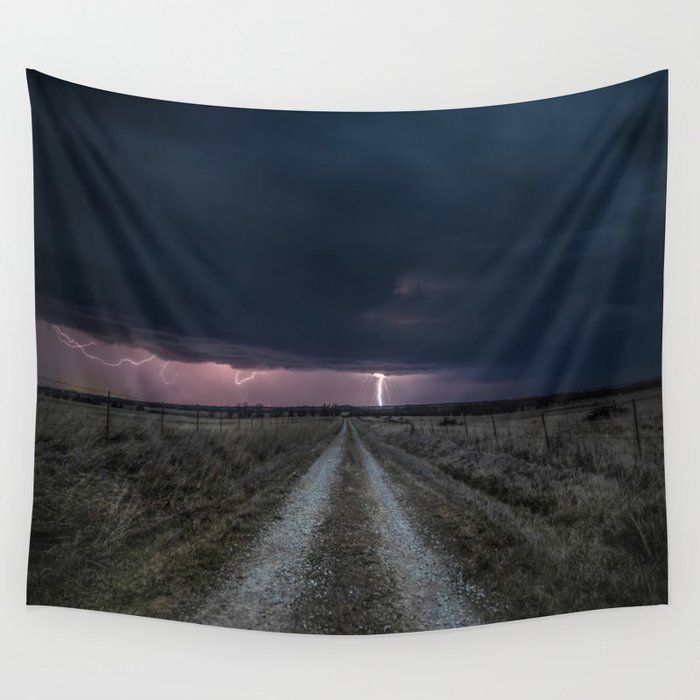 Darkness Falls - Lightning Strikes Down a Country Road at Night Wall Tapestry