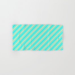 [ Thumbnail: Aqua & Tan Colored Lined/Striped Pattern Hand & Bath Towel ]
