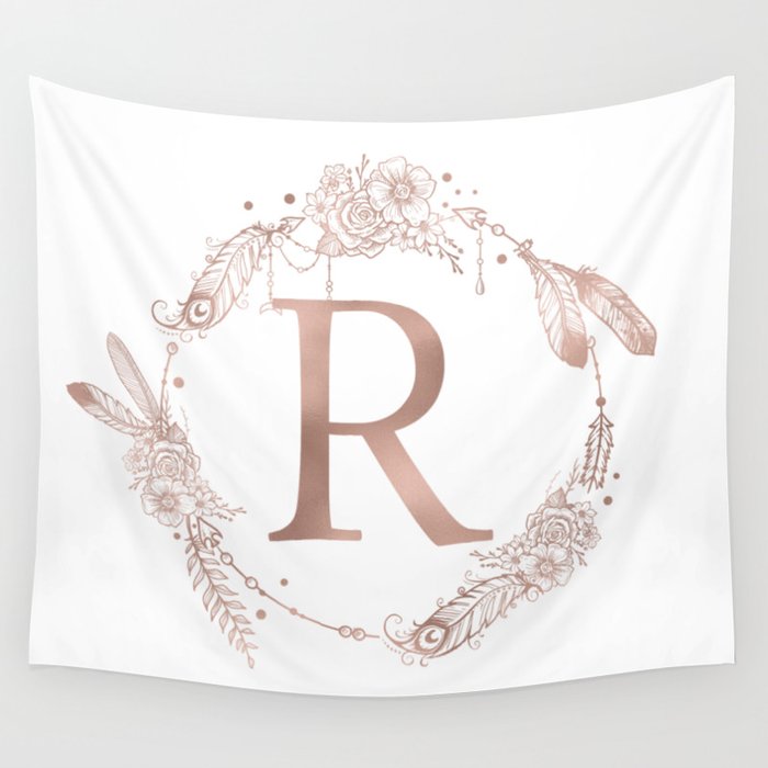 Letter R Rose Gold Pink Initial Monogram Wall Tapestry