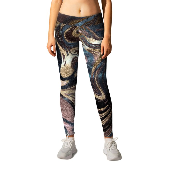 Marble Paint Swirl Trendy Abstract Glitter Rose Gold Pink Teal Turquoise Leggings