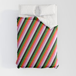 [ Thumbnail: Colorful Forest Green, Red, Hot Pink, Lavender, and Black Colored Lined Pattern Comforter ]