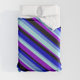 [ Thumbnail: Colorful Blue, Cornflower Blue, Turquoise, Dark Violet, and Black Colored Pattern of Stripes Duvet Cover ]