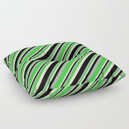 [ Thumbnail: Dark Grey, Lime Green, Light Yellow, and Black Colored Pattern of Stripes Floor Pillow ]