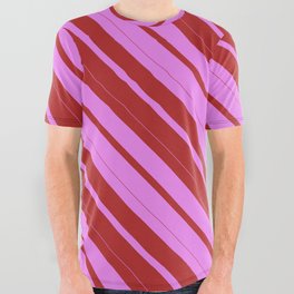 [ Thumbnail: Violet and Red Colored Striped Pattern All Over Graphic Tee ]