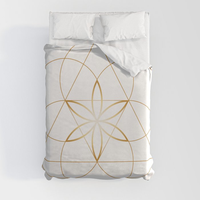 Sacred Geometric Flower of Life, Gold and White Duvet Cover