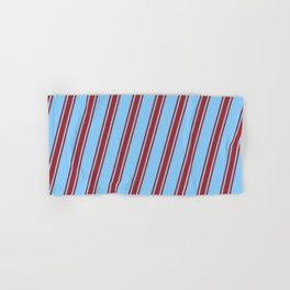 [ Thumbnail: Light Sky Blue & Brown Colored Striped/Lined Pattern Hand & Bath Towel ]