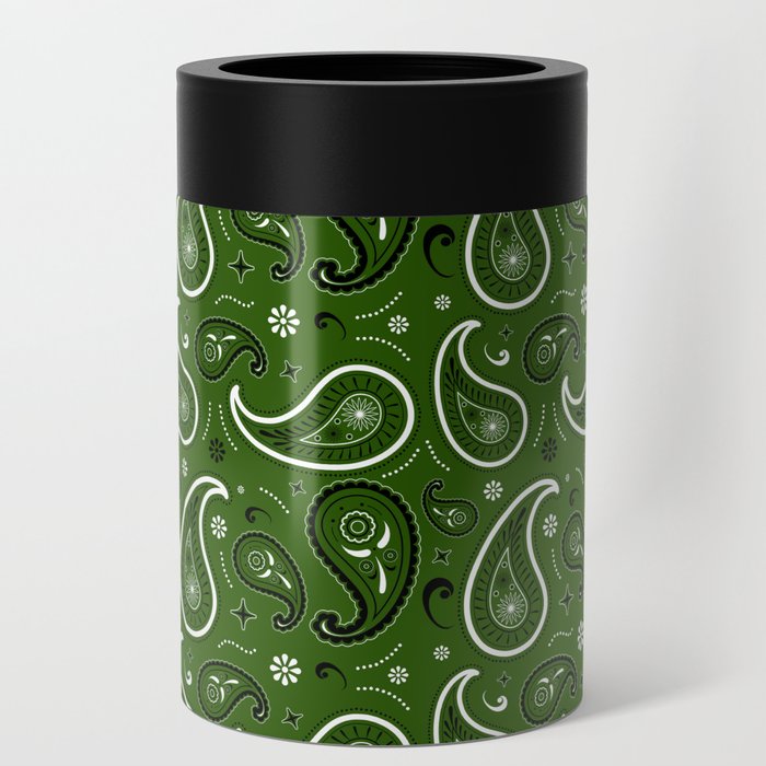 Black and White Paisley Pattern on Green Background Can Cooler