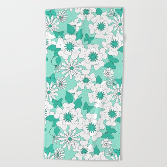 Turquoise floral pattern . Beach Towel