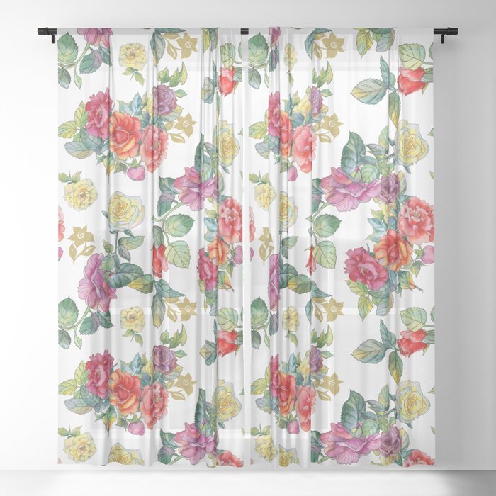Seamless pattern with watercolor multicolored roses Sheer Curtain