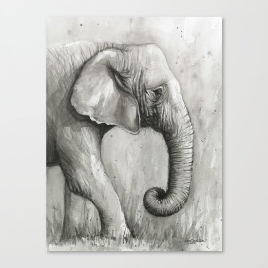 Elephant Black and White Watercolor Animals Canvas Print